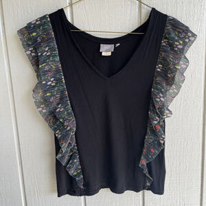 Anthro Vanessa Virginia Indak Metallic Floral Flutter Sleeve Tee in Black Size S